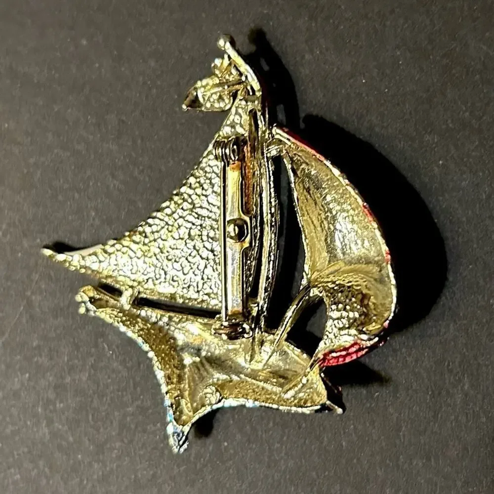 Vintage Nautical Sailboat Gold Toned Brooch in Red, White and Blue